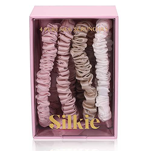 SILKIE x4 Set 100% Pure Mulberry Silk Black Brown Chocolate Pink Nude Neutral Skinny Scrunchies Travel Pouch Everyday Hair Ties Elastics Hair Care Ponytail Holder No Damage (Champagne)