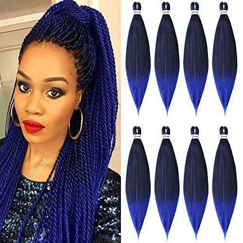 Pre Stretched Braiding Hair Blue 26inch -8packs Hot Water Setting Braiding Hair Omber Professional Braiding Hair Synthetic Fiber Crochet Braiding Hair Extension（T1B/Blue，26,8packs)