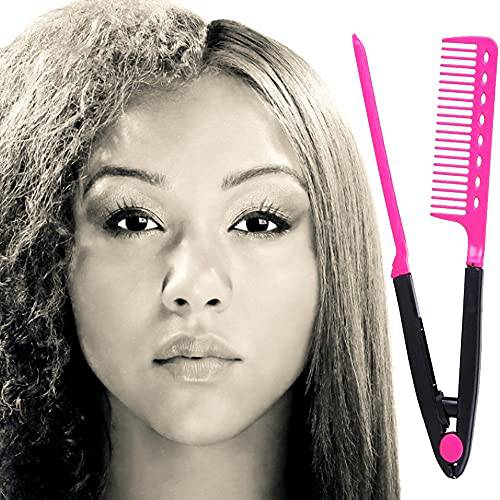 EasyGlide-V Hair Straightener and Detangler Comb - Rat Tail Style V-Comb For Hair Sectioning | Flat Ironing | Blow Drying | Keratin Comb for Tangled Hair | Spring Grip | Heat Resistant (Pink)