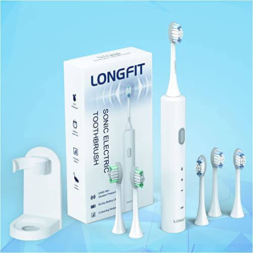 Electric Toothbrush for Adult Ultrasonic, LONGFIT Basic 90 Days Standby 37000VPM Clean Massage Sensitive Modes with 5 Replacement Toothbrush Heads