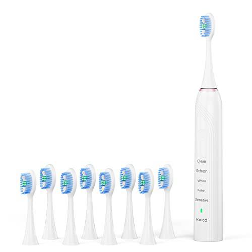 POTICO Sonic Electric Toothbrush for Adult 8 Brush Heads Smart Timer 5 Modes IPX7 Waterproof Power Rechargeable Toothbrush 1 Charge for 90 Days Use, Black