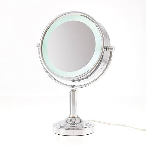 LED Lighted Mirror Double Sided 15X Magnification, Silver Chrome