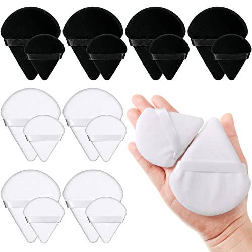16 Pcs 2 Size Powder Puff Soft Triangle Makeup Puff Cosmetic Foundation Shape Velour Body Face Powder Puff with Strap Makeup Sponges Puff for Contouring Loose Powder Eye Corner (Black, White)