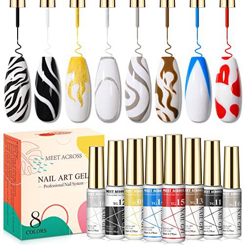 Painted Gel Nail Polish Nail Art Gel Liner, 8 Colors White Red Silver Gold Liner Gel Nail Art Polish, Painting Gel for Line Pulling, Soak Off Gel Art Paint for Nails