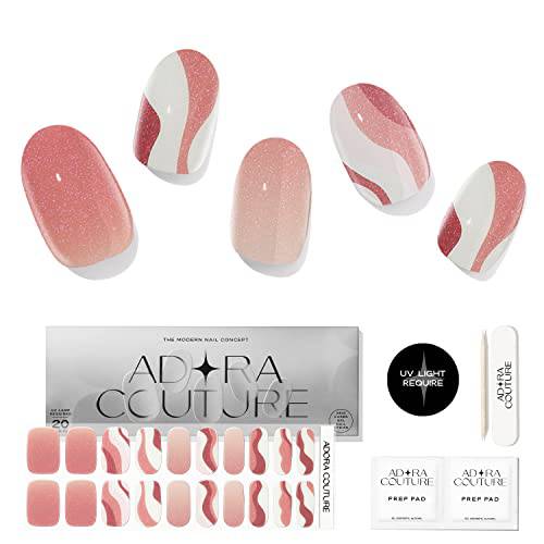 Adora Couture Semi Cured Gel Nail Strips |Pink & White Swirl with Sparkles Manicure Press On Nails Full Sticker Nail Wraps for Women | Stick On Salon Nails at Home Kit - UV Required (Oh Kylie)