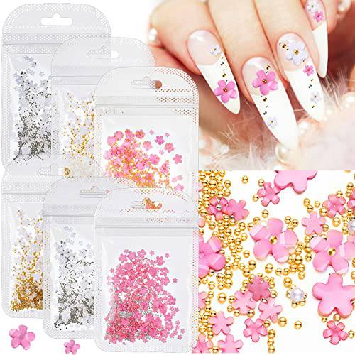 1200 Pieces 3D Acrylic Flower Nail Charms Golden Caviar Pearl Beads Nail Accessories for Women Girls DIY Nail Decorations Nail Supplies (Classic Color)