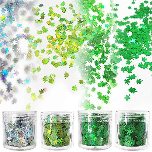 JXL 4 Colors Weeds Nail Art Sequin Ultra Thin Lucky Four Leaf Clover for Event Party Supplies Face Nail Glitter Flakes Shining Design Manicure Charms Nail DIY Decorations