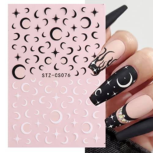 6 Sheets Black White Nail Art Stickers,3D Self-Adhesive Star Moon Nail Decals Mosaic Checkerboard Flame Fire Nail Design Sticker for Acrylic Nail DIY Decoration Accessories Decals for Women Girls