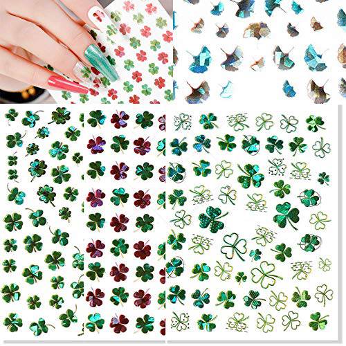 SeBeauty 3D Shamrock Nail Art Stickers Lucky Clover Nail Decals Laser St.Patrick’s Day Ginkgo Leaf Flowers Spring Design Nail Art Supplies Self Adhesive Nail Stickers for Acrylic Nail Decorations 9 Sheets