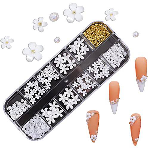 yqhtwtku 3D Floral Nail Art Charms Set Glitter White Flowers Pearl Nail Art Golden Caviar Beads Nail Decoration