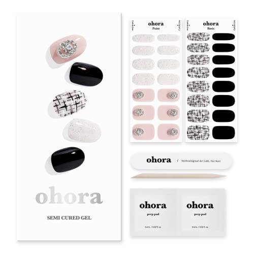 ohora Semi Cured Gel Nail Strips (N Swanky) - Works with Any Nail Lamps, Salon-Quality, Long Lasting, Easy to Apply & Remove - Includes 2 Prep Pads, Nail File & Wooden Stick - Pink, Black
