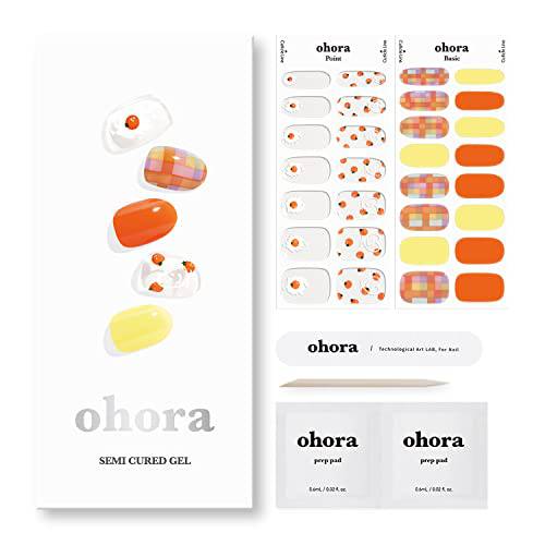 ohora Semi Cured Gel Nail Strips (N Orange Check) - Works with Any Nail Lamps, Salon-Quality, Long Lasting, Easy to Apply & Remove - Includes 2 Prep Pads, Nail File & Wooden Stick - Checkered