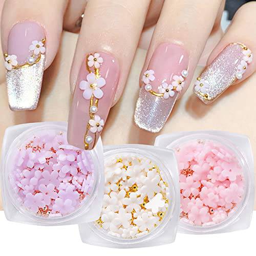 6 Boxes 3D Acrylic Flower Nail Charms Colorful Light Change Nail Decals With Pearl Golden Caviar Beads Nail Art Accessories for Women Girls DIY Jewelry Decoration Nail Art Supplies
