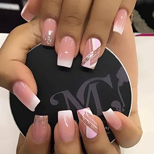 MISUD Square Press on Nails, French False Nails, Squoval Fake Nails, Medium Acrylic Nails for Daily Use (with Glue)