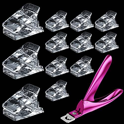 Subay 12Pcs Clear Nail Tips Clip for Acrylic Nails, Quick Building Gel Nail Extension UV LED Builder, Professional Nail Clamps with 1Pcs False Nail Tips Cutter