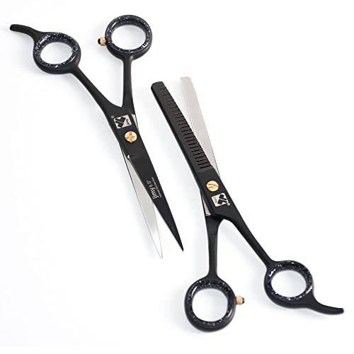 jimy 2 Pc Professional Hair Scissors Cutting Shears 6.5 Stainless Steel Sharp Black, Smooth barber, thinning scissors for women and Men