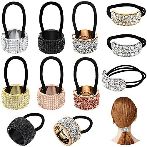 8 Pieces Rhinestone Hair Ponytail Holder Glitter Ponytail Accessories Large Pony Tail Holders Gothic Punk Elastic Hair Tie Band Plastic Metal Ponytail Holder Cuffs for Women Girls, Mixed Colors