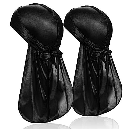 DACKRITO 2 Pieces Silky Durag Pack for Men Women, Premium Satin Doo Rag Headwrap with Long Tail for 360 Waves,BLACK+BLACK,One Size (Pack of 2)