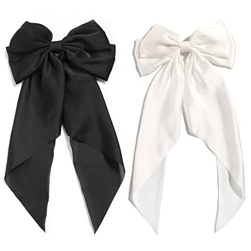 Silky Satin Hair Barrettes Clip for Women Large Bow Hair Slides Metal Clips French Barrette Long Tail Soft Plain Color Bowknot Hairpin Holding Hair 90’s Accessories Black White Pack of 2