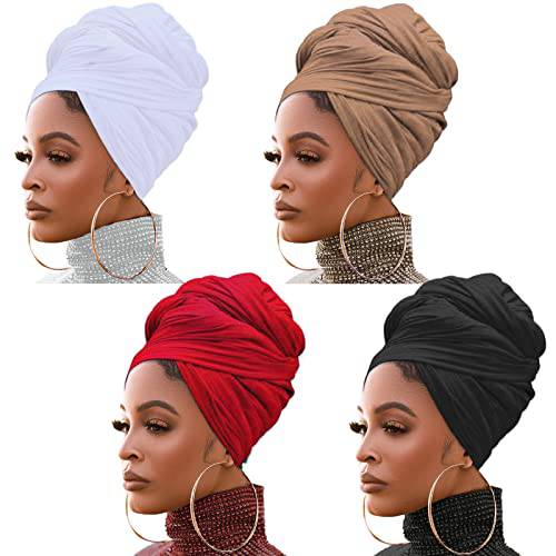 4 Pieces Stretch Head Wrap Jersey Turban Fashion Headband Solid Color Bohemian Extra Long Hair Scarf Soft Breathable Easy to Knot Turban Tie for Women (Black, Camel, White, Wine Red)