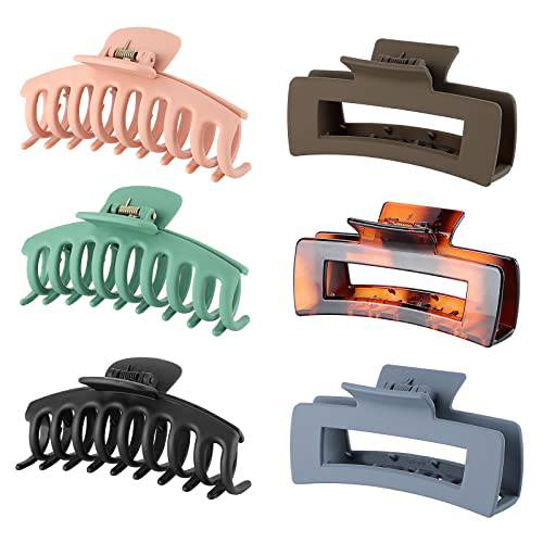 iBuneerly Hair Claw Clips 6 Colors, Claw Clips for Thick Hair Nonslip, Large Strong Hold Hair Clips for Women, 3 Square Matte and 3 Banana Hair Clamps for Thick Thin Fine Long Hair (6 Packs)