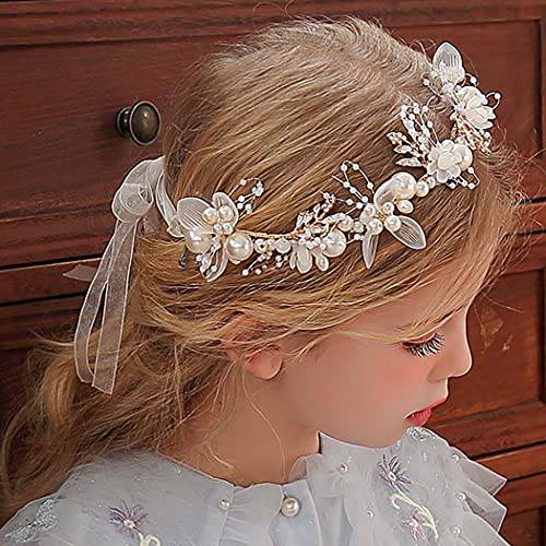 Campsis Princess Flower Crystal Headpiece Rhinestone Pearl Headband Alloy Floral Bridal Hair Accessories CommWedding Prom Photography for Girls and Women (Gold)