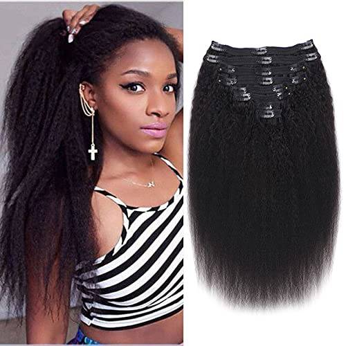 Mihugass Kinky Straight Clip in Hair Extensions Real Human Hair for Black Women 18 Inch Virgin Hair Clip in Full Head Unprocessed Remy Yaki Straight Clip Ins 8pcs with 18 Clips 120 Gram Per Set