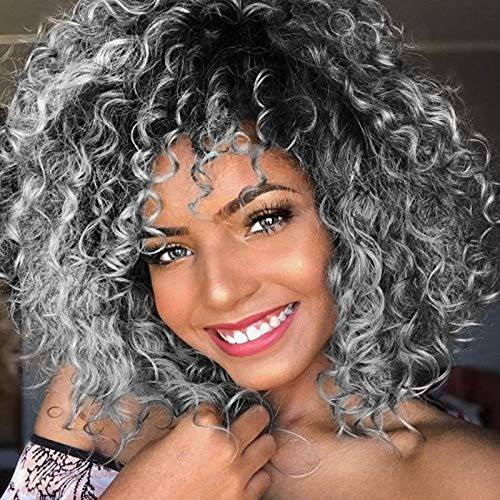 PEACOCO Curly Afro Wig with Bangs Shoulder Length Wig Gray Curly Wig Afro Kinkys Curly Hair Wig Synthetic Mixed Wigs Short Curly Full Wigs for Black Women