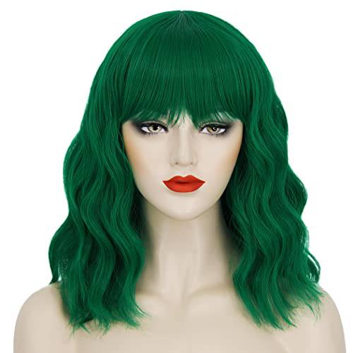 Green Wigs for Women Girls Short Curly Wavy Green Hair Wig with Bangs Green Wigs for Party St. Patrick’s Day Halloween JZ001GR