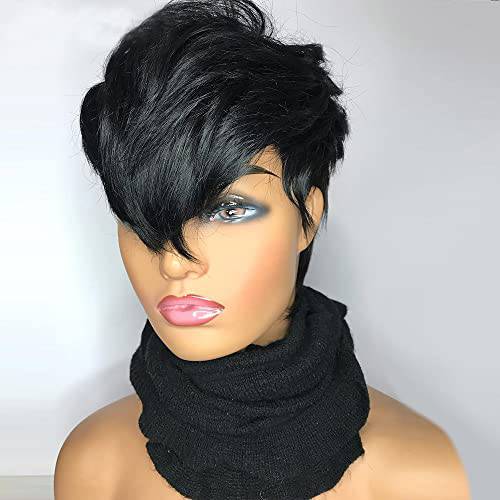 Voilny Short Pixie Cut Wig with Bangs Bob Wig Human Hair None Lace Front Wig for Black Women Glueless Full Machine Made Wig (8 Inch 130% Density)