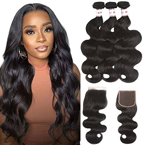 Karbalu 10A Brazilian Human Hair Body Wave 3 Bundles with Lace Closure 4x4 Free Part 100% Unprocessed Remy Human Hair Bundles with Closure Wet and Wavy Double Weft Natural Color (14 16 18+12)