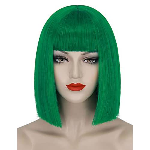 Juziviee Short Green Wigs for Women 12’’ Green Bob Hair Wig with Bangs Natural Cute Soft Synthetic Wigs for Party St Patricks Day AD016DGR