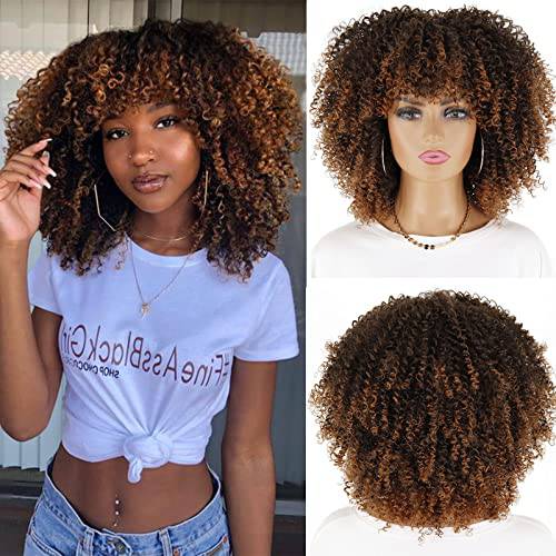 LINGHANG Short Curly Afro Wigs with Bangs for Black Women, Brown Afro Kinky Curly Wigs for Black Women Synthetic Heat Resistant Fluffy Brown Wigs (Ombre Brown)