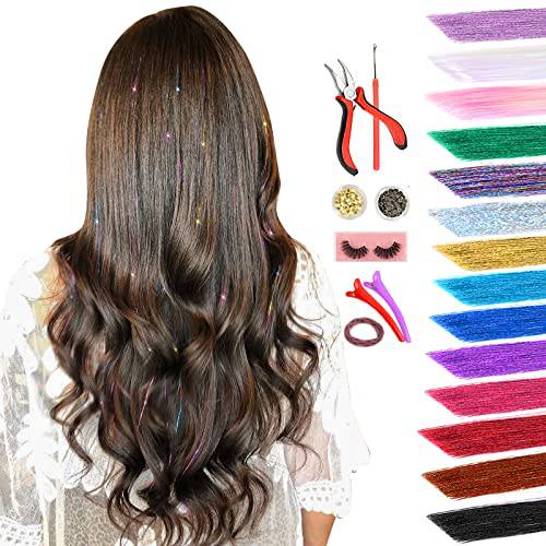 Hair Tinsel Kit, Tinsel Hair Extensions, 14 Colors Glittery Fairy Tensile Hair Heat Risitant with Tools for Women Girls(Plier+Pulling Needle+100 Dark Beads+100 Blonde Beads)