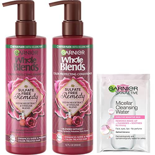 Garnier Whole Blends Sulfate Free Remedy Shampoo and Conditioner with Red Rose Extract and Vinegar, Enhances Shine and Preserves Color-Treated Hair, with Micellar Cleansing Water Sample, 1 kit