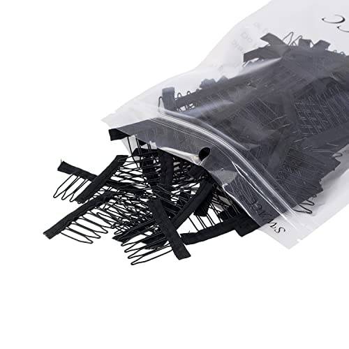 SWACC 100 Pcs Wig Combs for Making Wig Caps 7-teeth Metal Snap Steel Teeth with Cloth to secure wig no sew (Black, 7-Teeth Wip Comb)