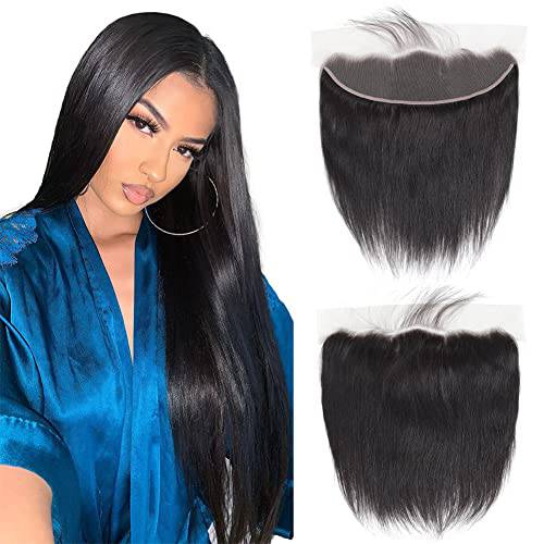 13x4 Ear to Ear Transparent HD Lace Frontal Closure 12A Unprocessed Brazilian Virgin Human Hair Frontal Hand Tied Swiss Lace Free Part 16 Inch Silky Straight Full Lace Frontal Closure for Black Women Pre-Plucked Lace Front Closure Natural Black Color