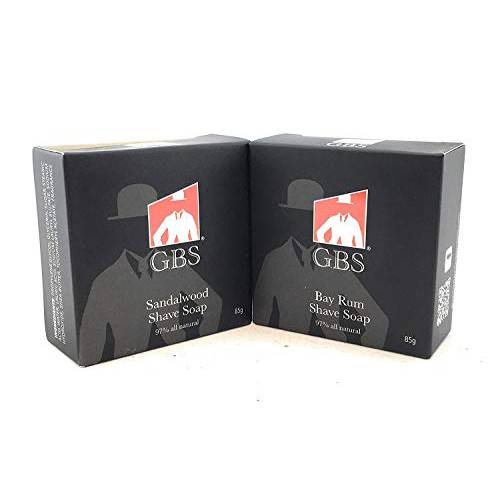 G.B.S Men’s Shaving Soap 97% All Natural Enriched With Shea Butter and Glycerin, Creates Rich Lather Form, 3 Oz Each Pack of 2 (1 Sandalwood Round Shaving Soap, 1 Bay Rum Shaving Soap)