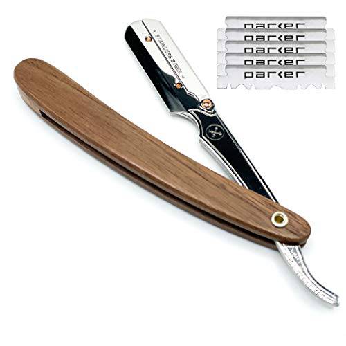Parker’s Walnut Wood Handle Barber Straight Razor for Men and 5 Razor Blades