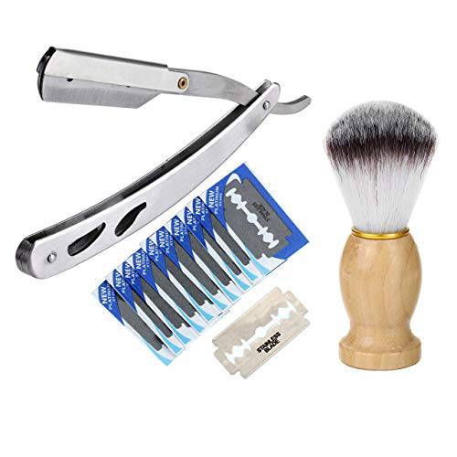 CCbeauty Stainless Steel Barber Men Straight Edge Shaving Razor Knife Handle Badger-hair Beard Shaving Brush Tool Kit and 10Pcs Refill Blades Kit