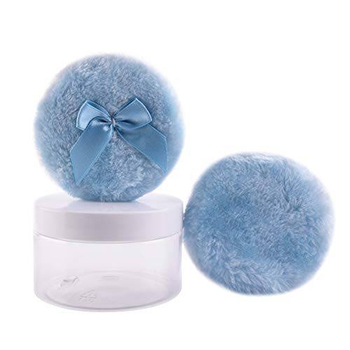 WXJ13 2 Pcs 4 inch Large Blue Fluffy Powder Puff for Body and Transparent Storage Box, Round Powder Loose Puff with Ribbon Bow Handle for Face & Body