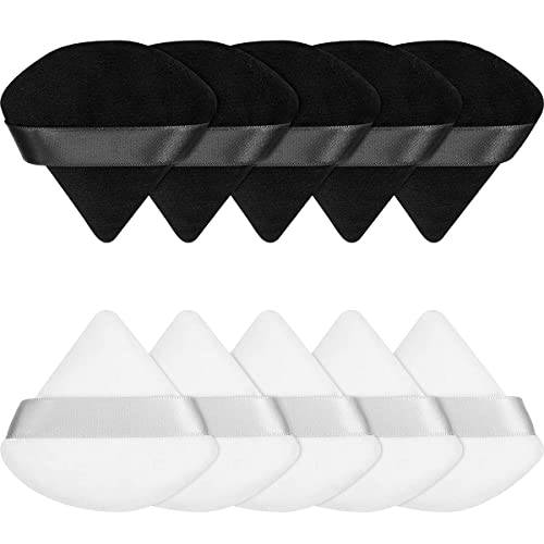 10 Pieces Pure Cotton Powder Puff Face Triangle Soft Makeup Puff for Loose Powder Soft Body Cosmetic Foundation Sponge Mineral Powder Wet Dry Makeup Tool with Strap - Black/White