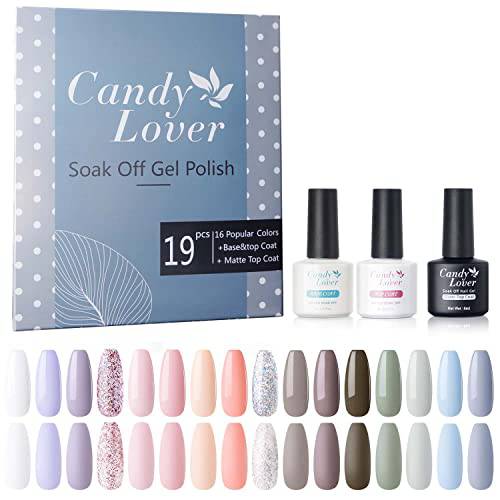 Candy Lover 19Pcs Gel Nail Polish Kit with Base Coat and Glossy & Matte Top Coat, UV LED Nail Gel Art Set, Pastel Winter Spring Colors Home Use Manicure GS-707