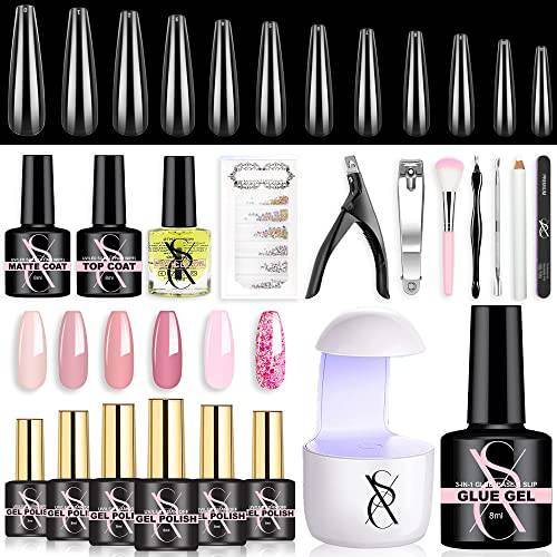 SXC Cosmetics G-45 Pink Gel Nail Polish Gel X Nail Kit with XXL Nail Tips and Glue Gel Nail Art Extension Professional Starter Kit