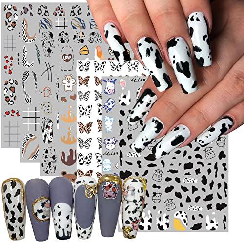 7 Sheets Cartoon Nail Art Stickers Nails Art Supplies 3D Self-Adhesive Nail Decals Holographic Cow Graffiti Butterfly Leopard Print Line Nail Design Sticker for Women Girls Acrylic Nail Art Decoration