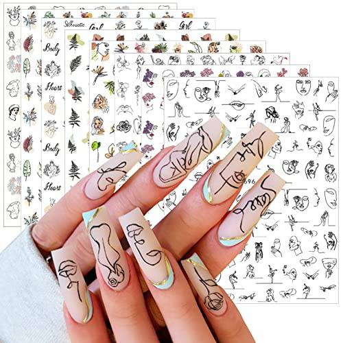 8 Sheets Graffiti Fun Nail Art Stickers,Abstract Face 3D Self-Adhesive Nail Decals DIY Nail Art Supplies Designer French Nail Stickers for Women Girls Manicure Tips Nail Decoration Accessories