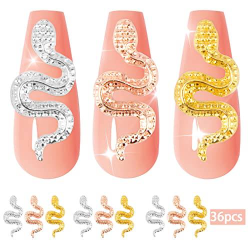 Snake Nail Charms 36Pcs 3D Nail Charms Nail Rhinestones for Acrylic Nails Rose Gold Snake Charms for Nails Sliver Nail Charms for Acrylic Nails DIY 3D Nail Designs Accessories for Women Girl Female