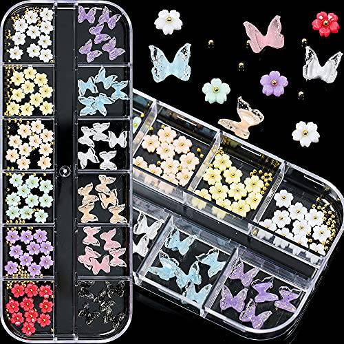 12 Colors Flower Butterfly Nail Art Charms Glitter Decals Decoration 3D Nail Flower Butterfly Flat Design 90 pcs Acrylic Nail Art Stud 2021 for Women DIY Manicures Jewelry Salon Accessories Supplies