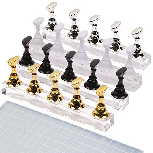 LABOTA 4 Set Acrylic Nail Practice Stands，Magnetic Nail Tips Holders DIY Nail Crystal Holders with 125 Pieces Reusable Adhesive Putty Clay for Nail Salon Equipment、Decor(Gold, Silver, Black, White)