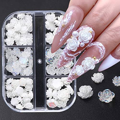 Rose 5D Nail Charms White Flower Nail Art Charms Decorations 6 Grids 2022 Mixed Camellia Nail Glitter Stickers 5D Rose Design Acrylic Nail Stud with Flat Back for Women Nail Salon Manicure Accessories
